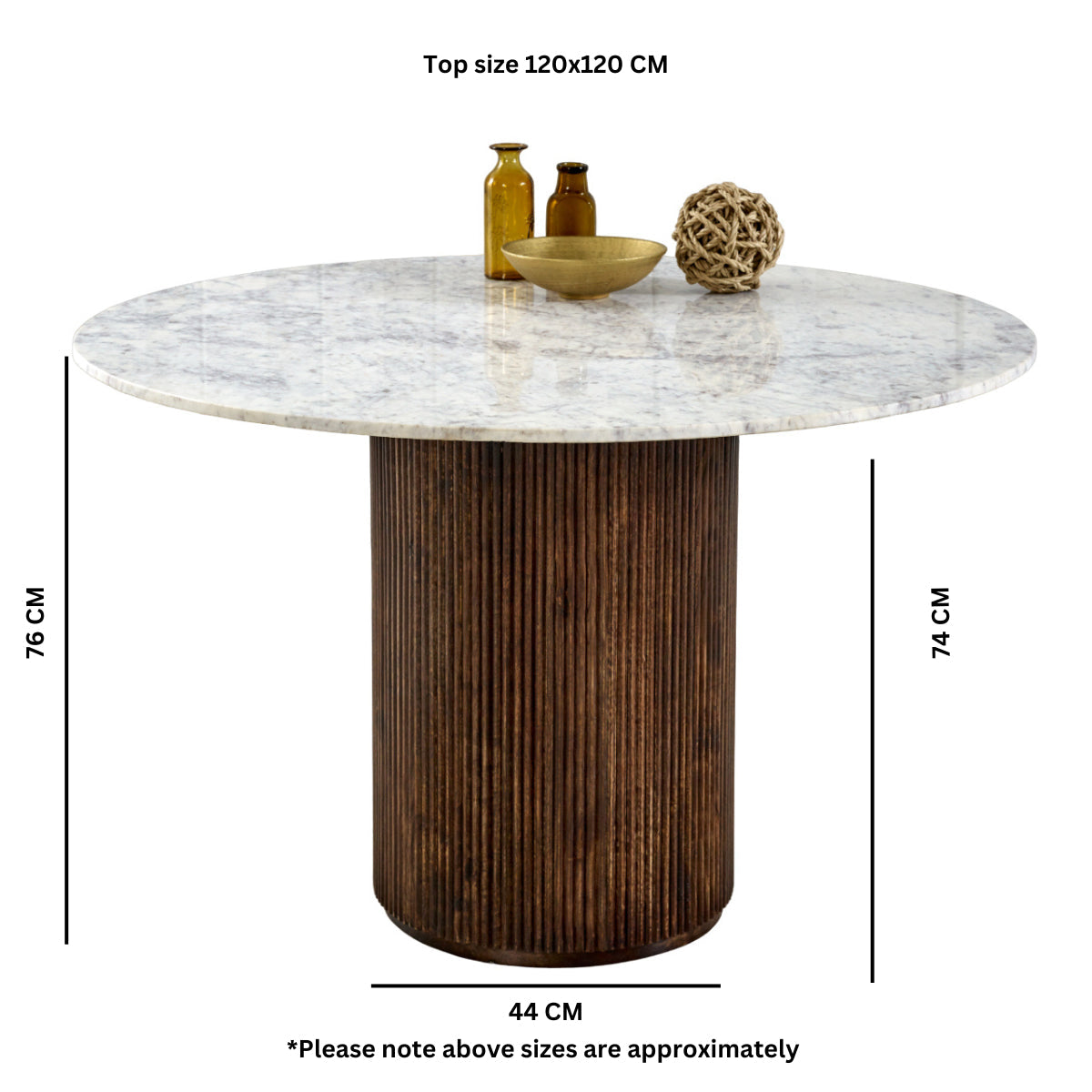 Round Opal dining table with mango wood pedestal and marble top