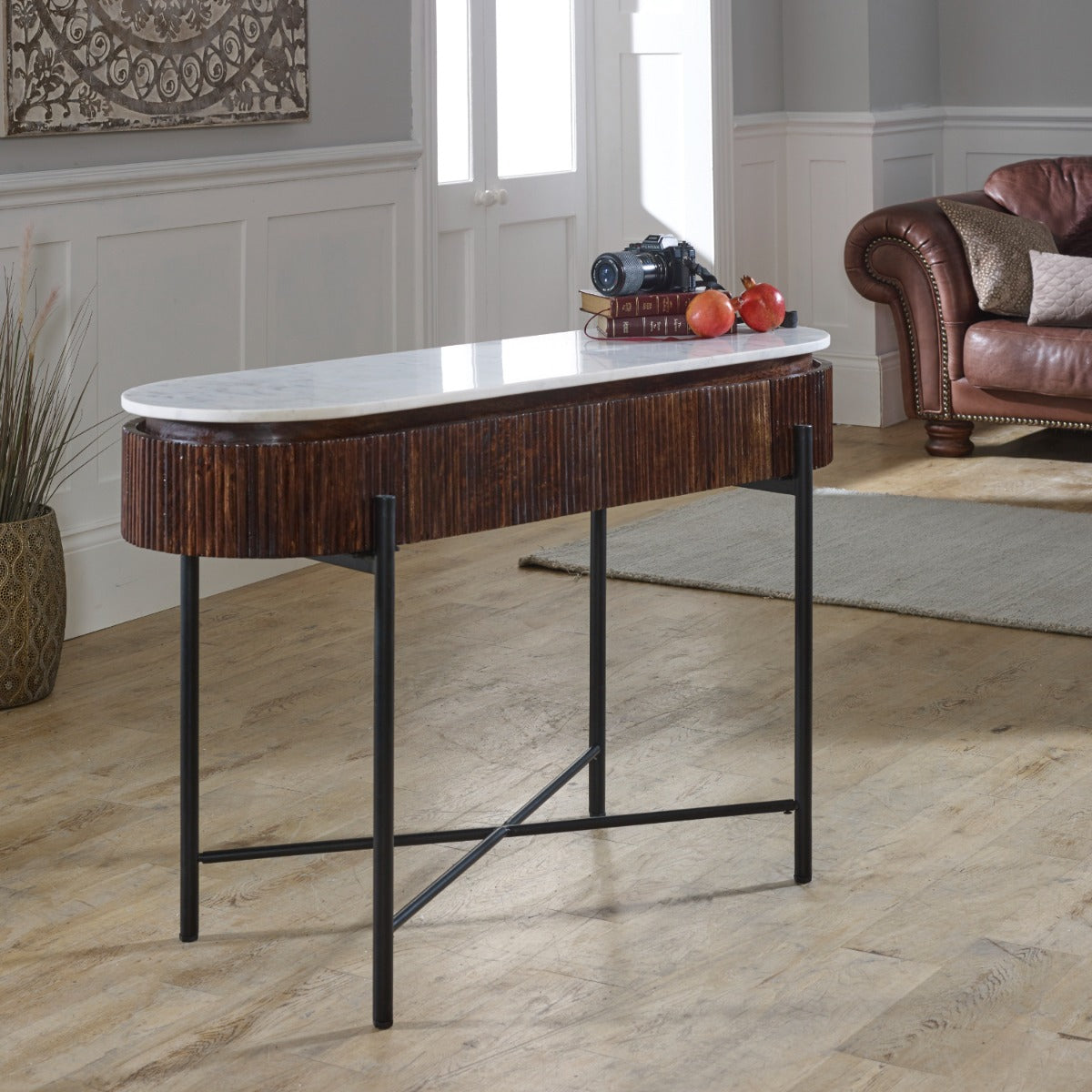 Opal console table made of mango wood with marble top and metal legs
