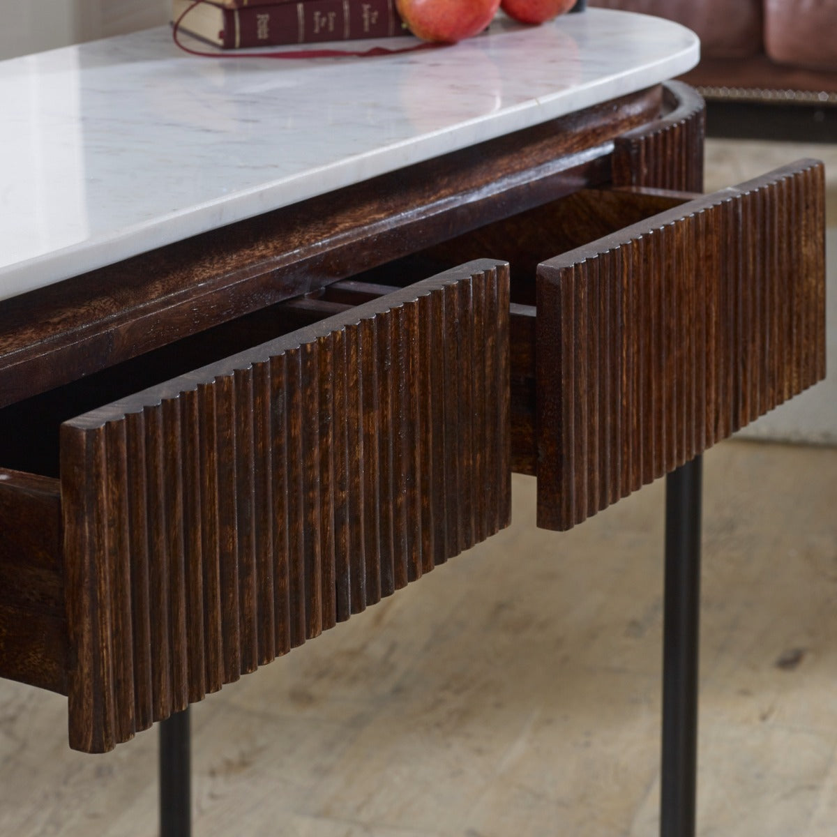 Opal console table made of mango wood with marble top and metal legs