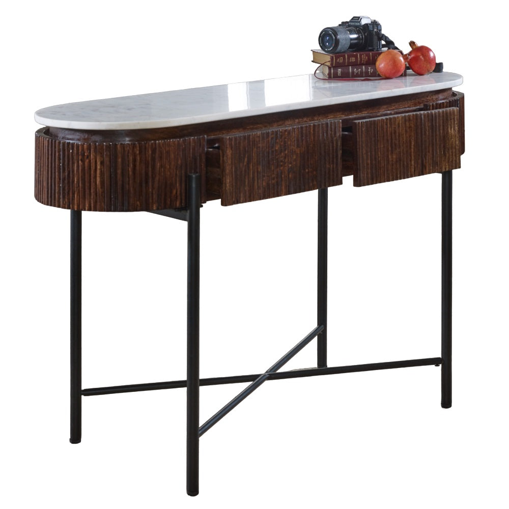 Opal console table made of mango wood with marble top and metal legs