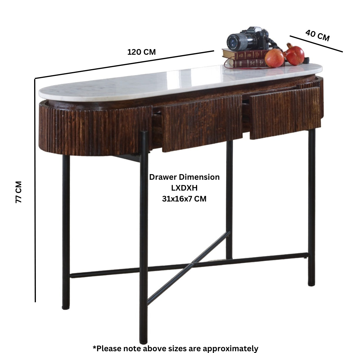 Opal console table made of mango wood with marble top and metal legs