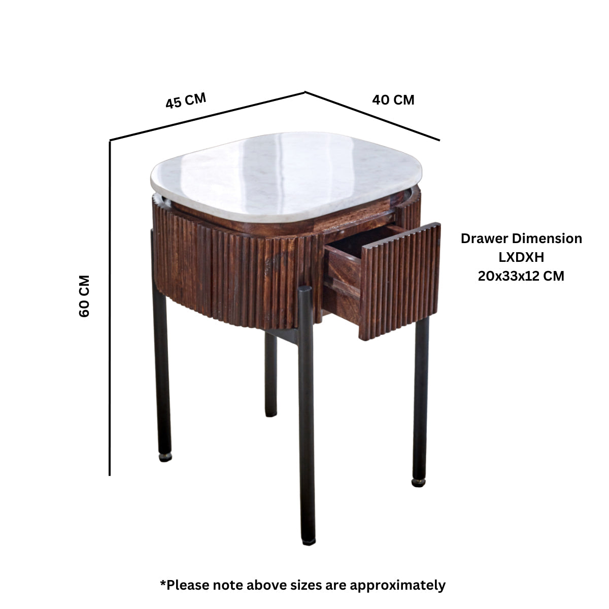 Opal mango wood bedside table with marble top and metal legs