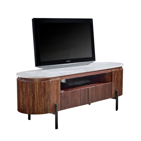 Opal mango wood TV cabinet with marble top and metal legs