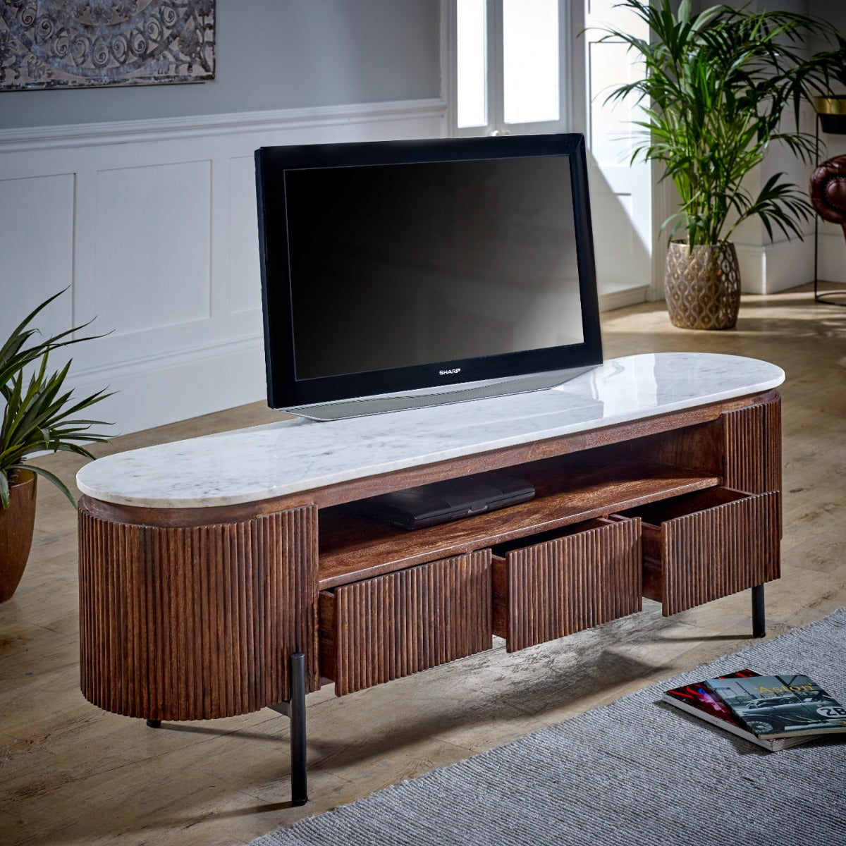 Opal large TV stand made of mango wood with marble top and metal legs