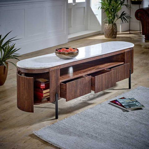 Opal Mango Wood Large Tv Stand With Marble Top & Metal Legs - View 4