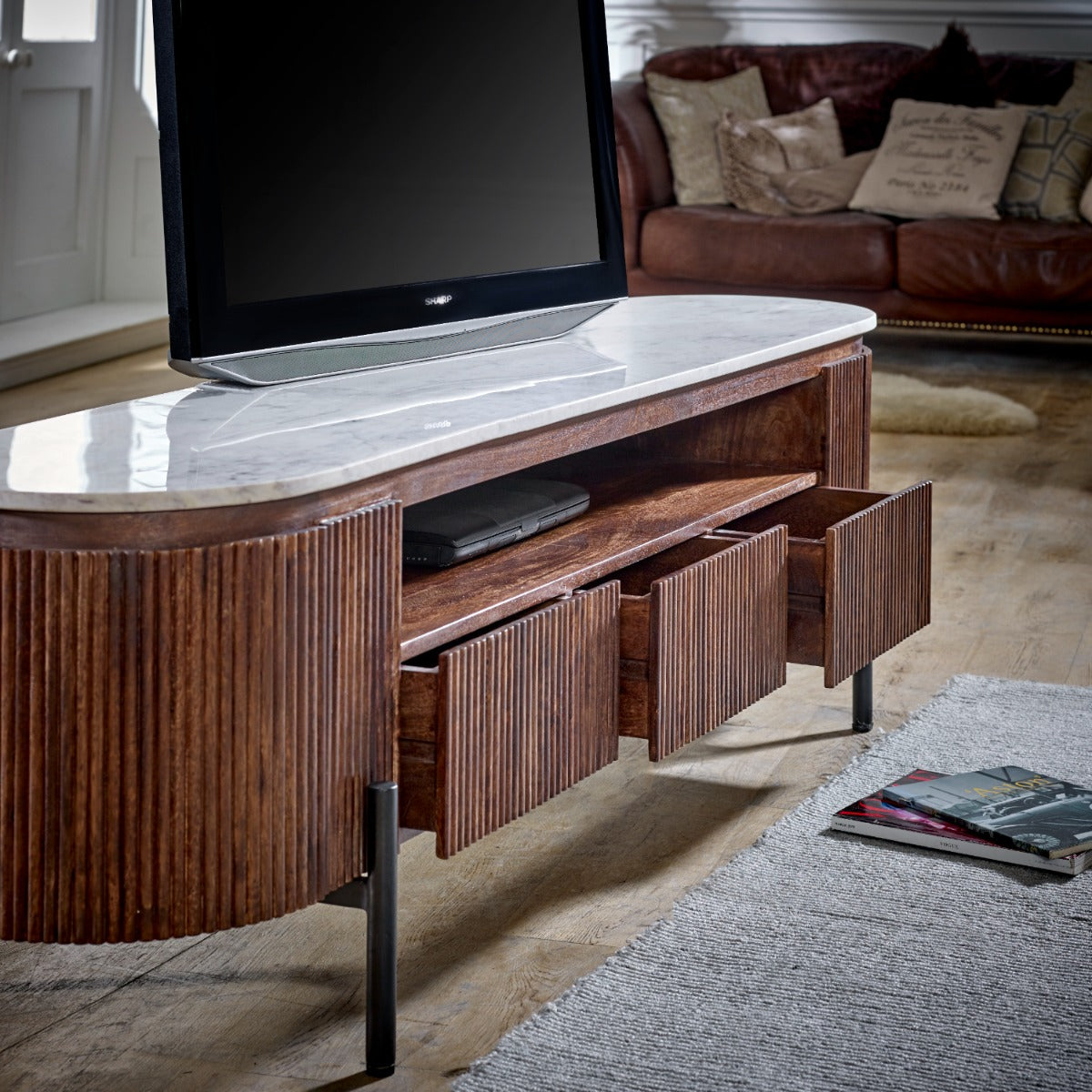 Opal large TV stand made of mango wood with marble top and metal legs