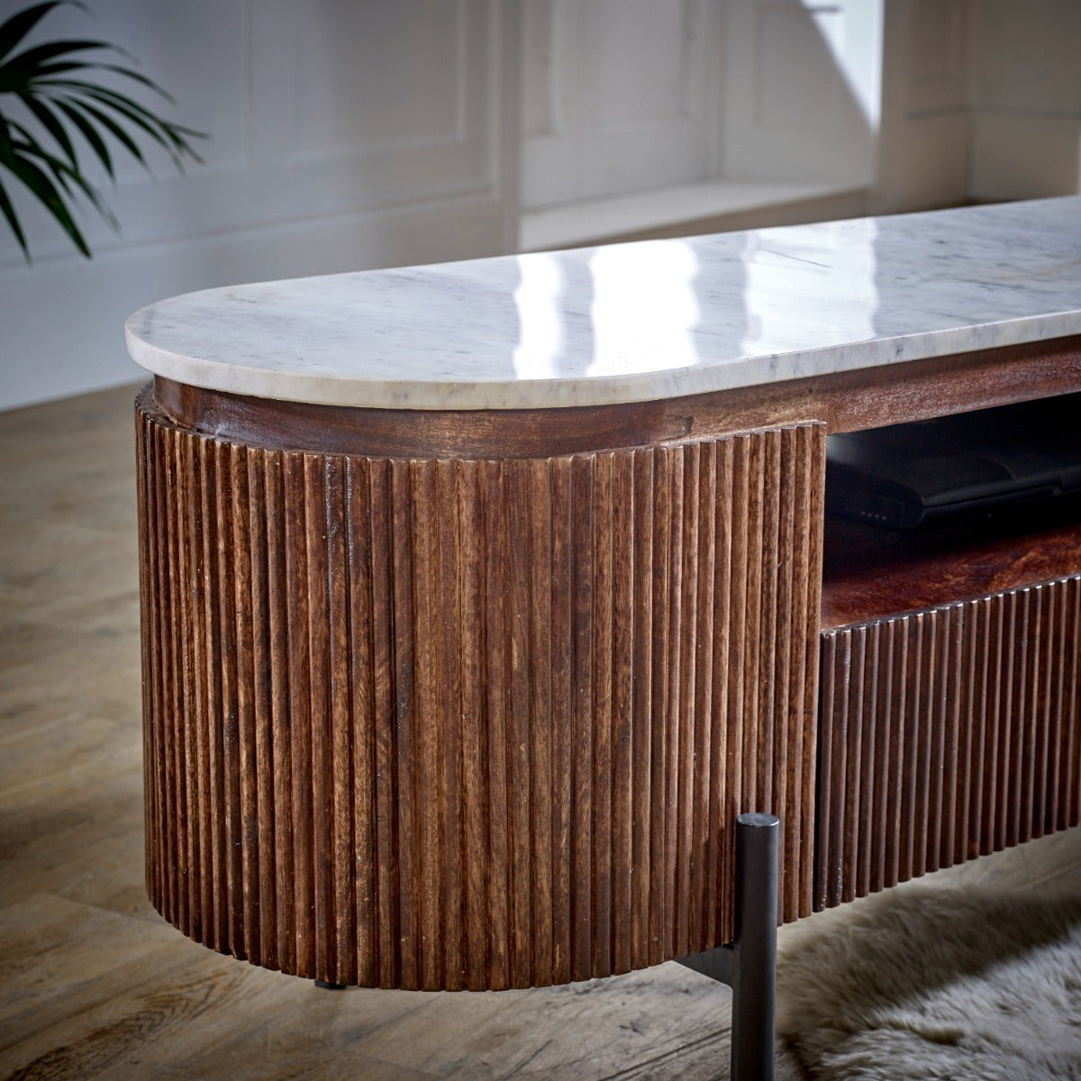 Opal large TV stand made of mango wood with marble top and metal legs