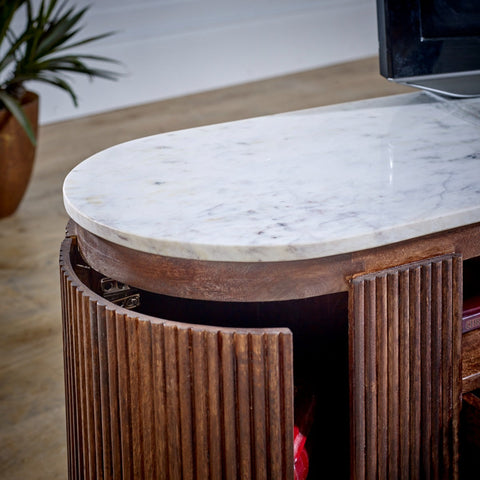 Opal large TV stand made of mango wood with marble top and metal legs