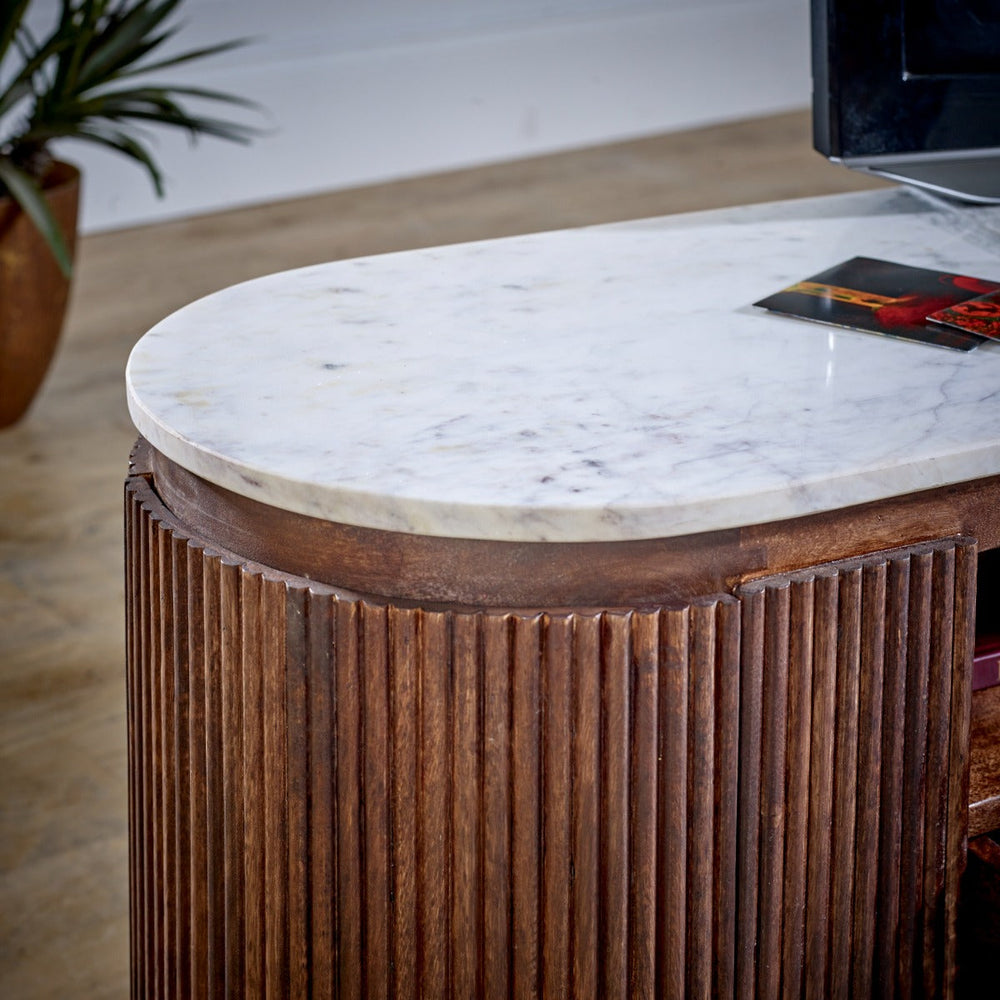 Opal large TV stand made of mango wood with marble top and metal legs