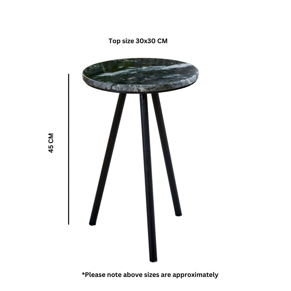 Opal side table with black marble top and metal legs, minimalist design