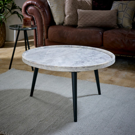Ashford natural marble and wood pedestal coffee table in elegant taupe finish