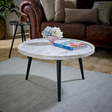 Ashford natural marble and wood pedestal coffee table in elegant taupe finish