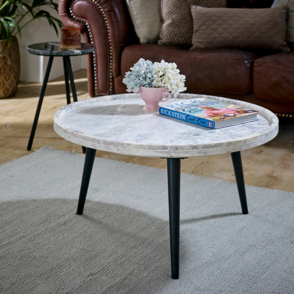 Ashford natural marble and wood pedestal coffee table in elegant taupe finish