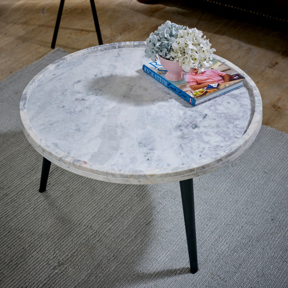 Ashford natural marble and wood pedestal coffee table in elegant taupe finish