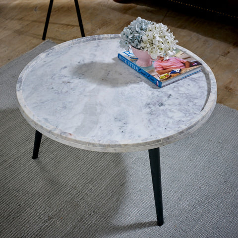 Ashford natural marble and wood pedestal coffee table in elegant taupe finish