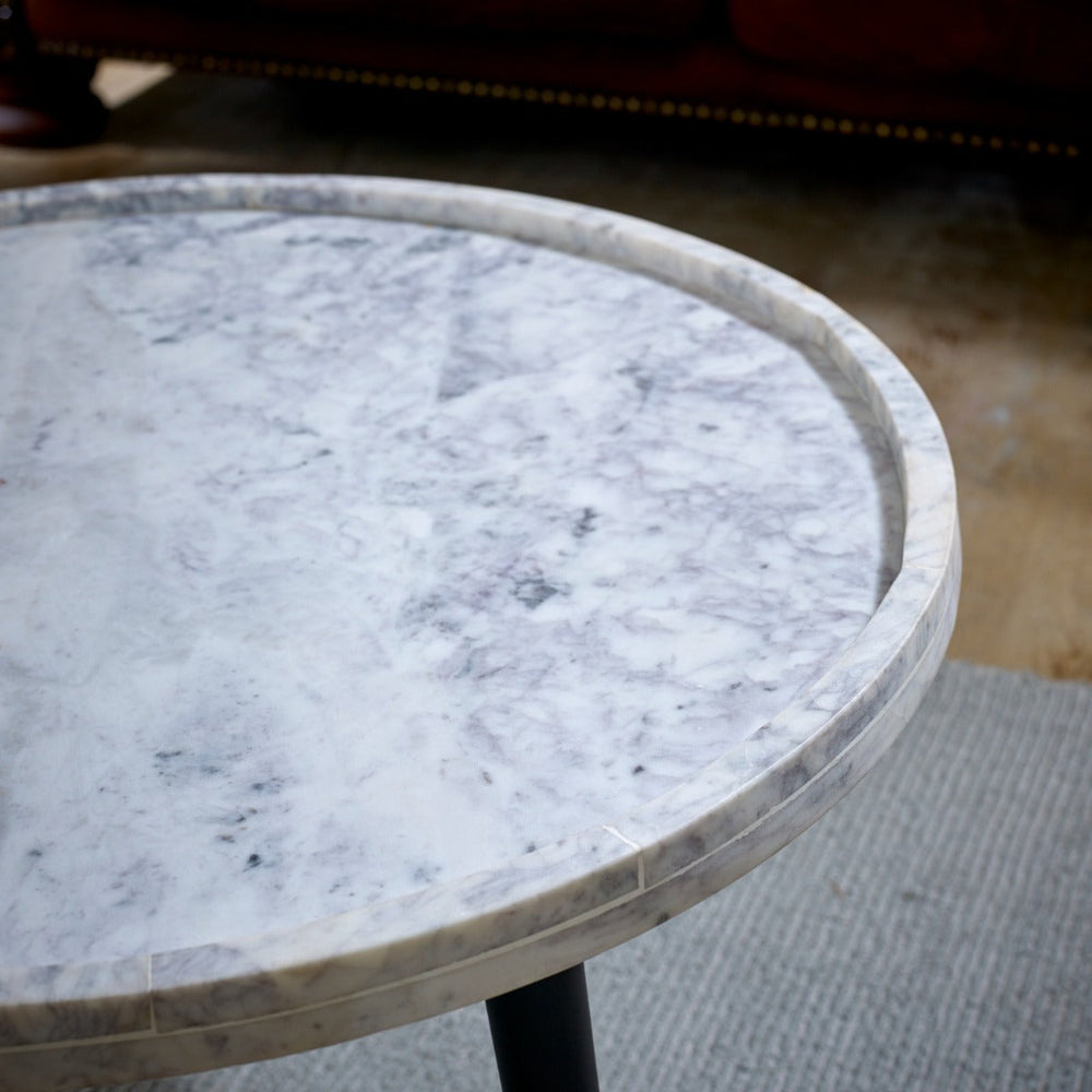 Ashford natural marble and wood pedestal coffee table in elegant taupe finish