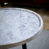 Ashford natural marble and wood pedestal coffee table in elegant taupe finish