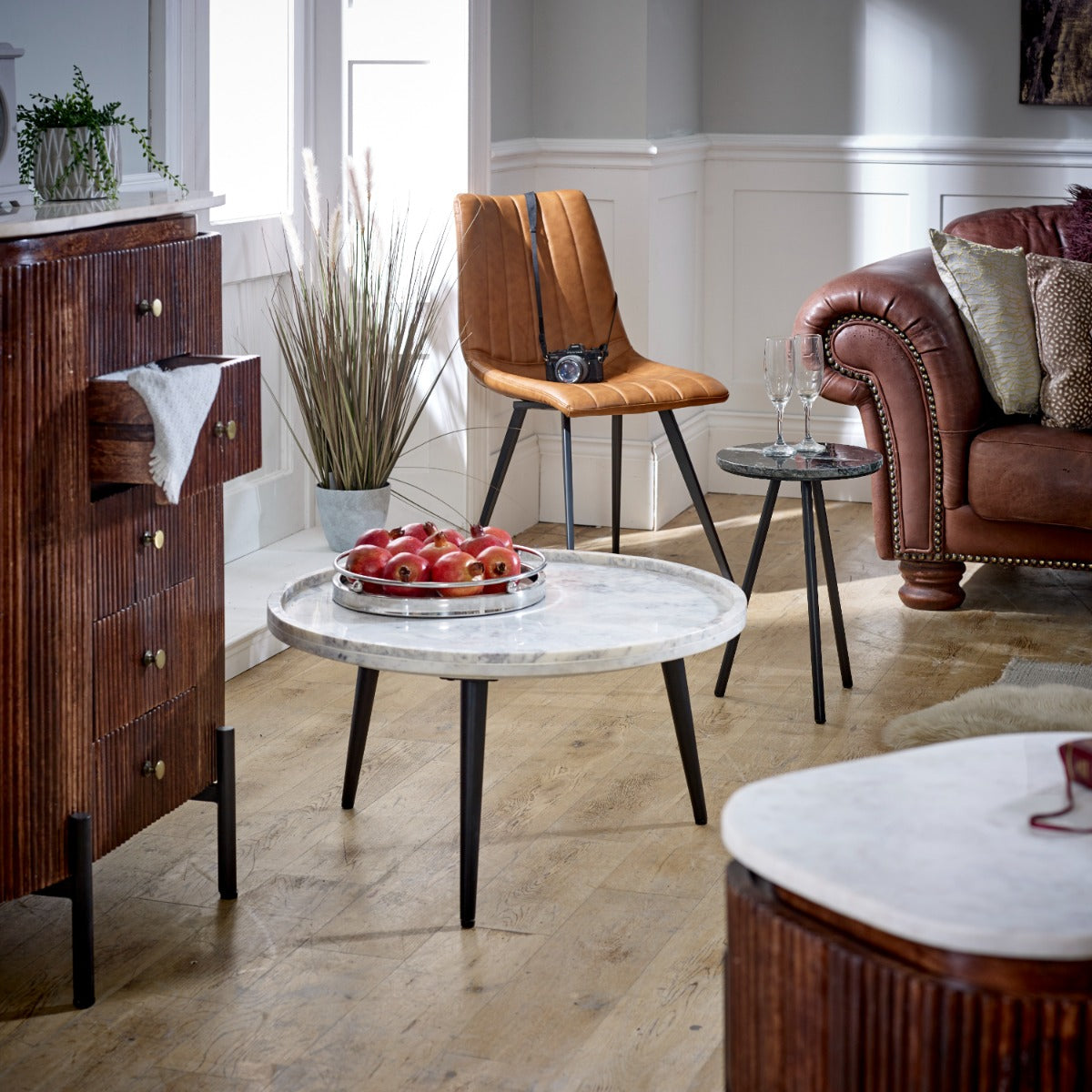 Ashford natural marble and wood pedestal coffee table in elegant taupe finish