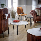 Ashford natural marble and wood pedestal coffee table in elegant taupe finish
