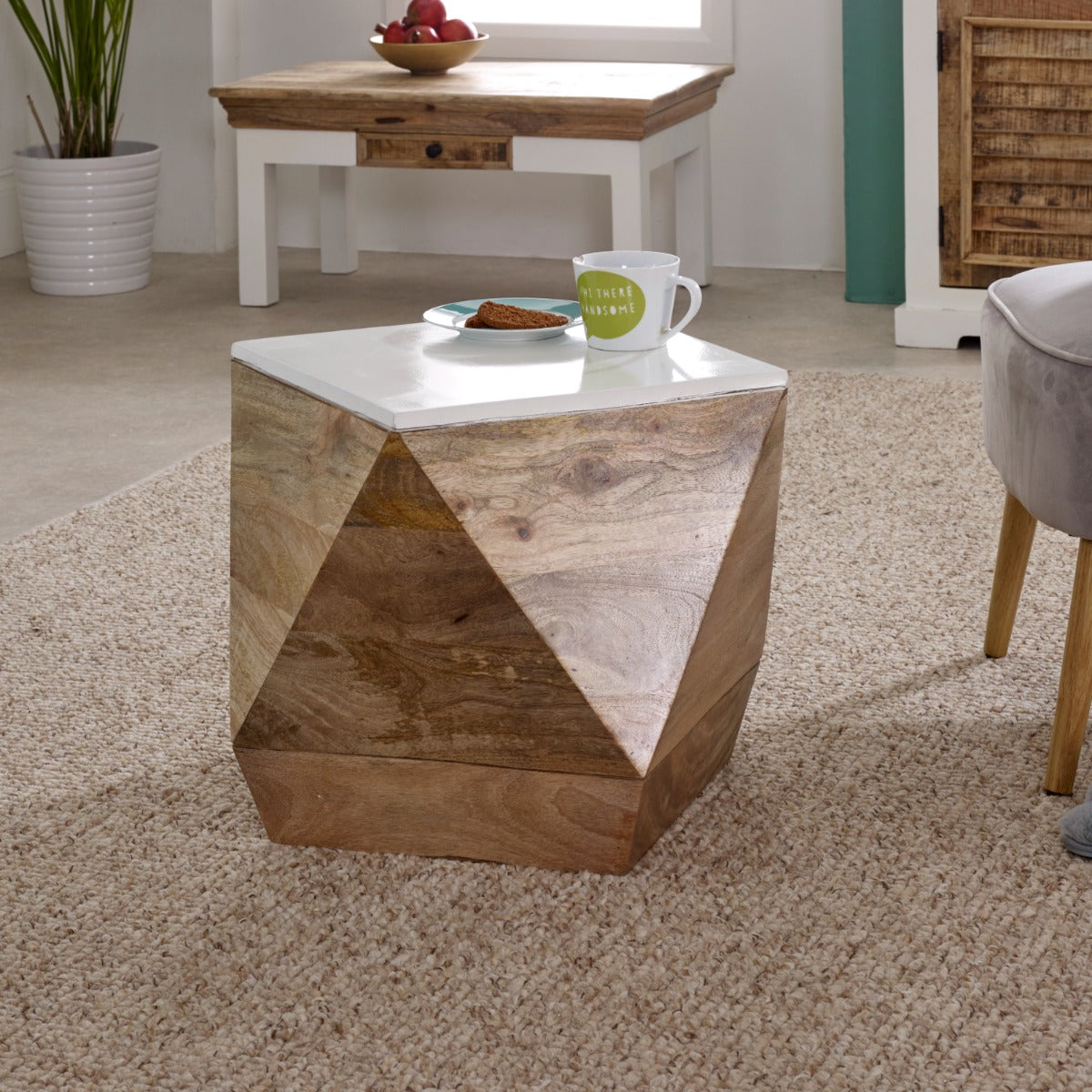 Alfie side table made from solid mango wood with a whiteish finish