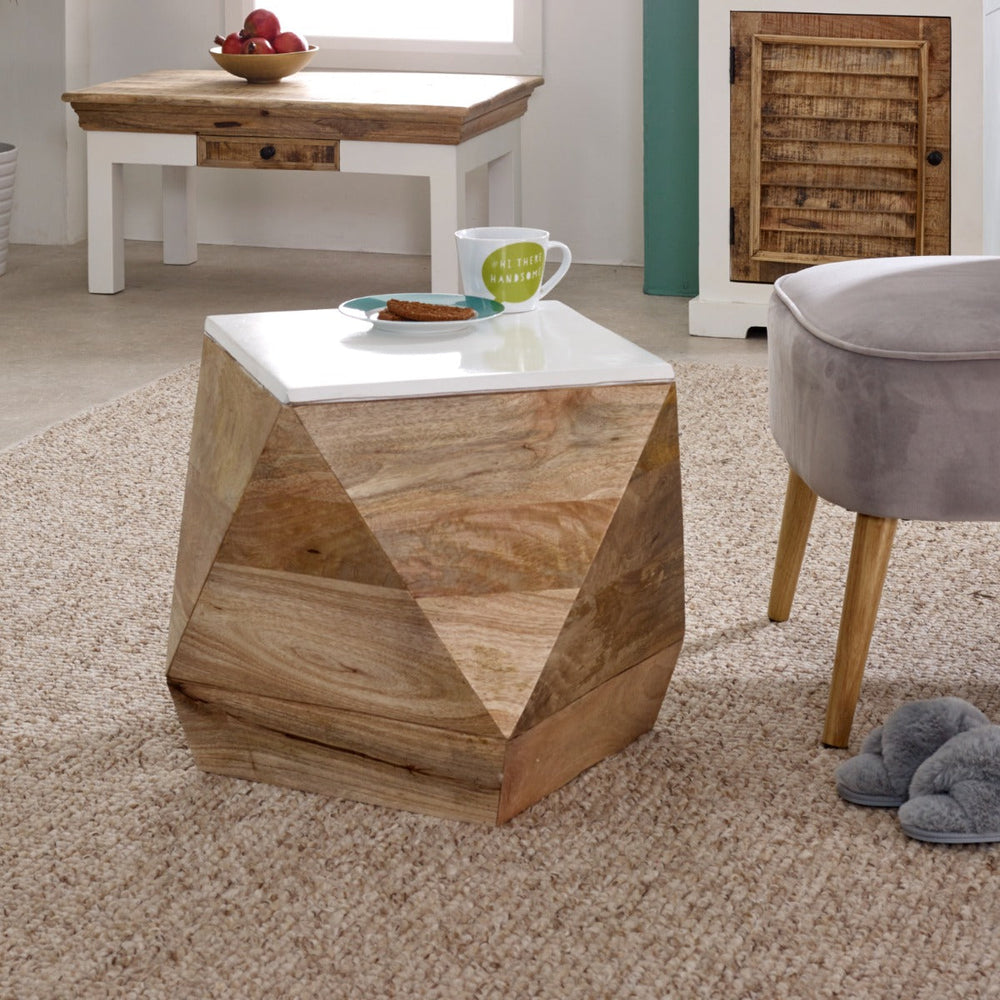 Alfie side table made from solid mango wood with a whiteish finish