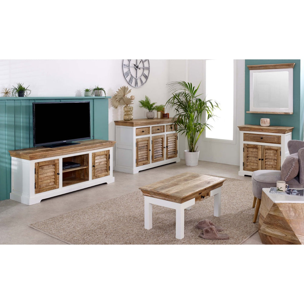 Alfie side table made from solid mango wood with a whiteish finish