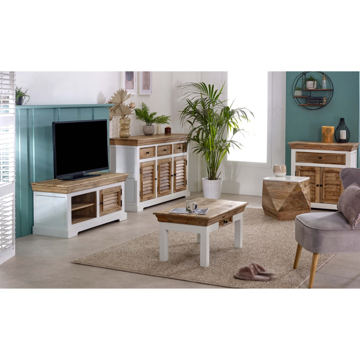 Alfie side table made from solid mango wood with a whiteish finish