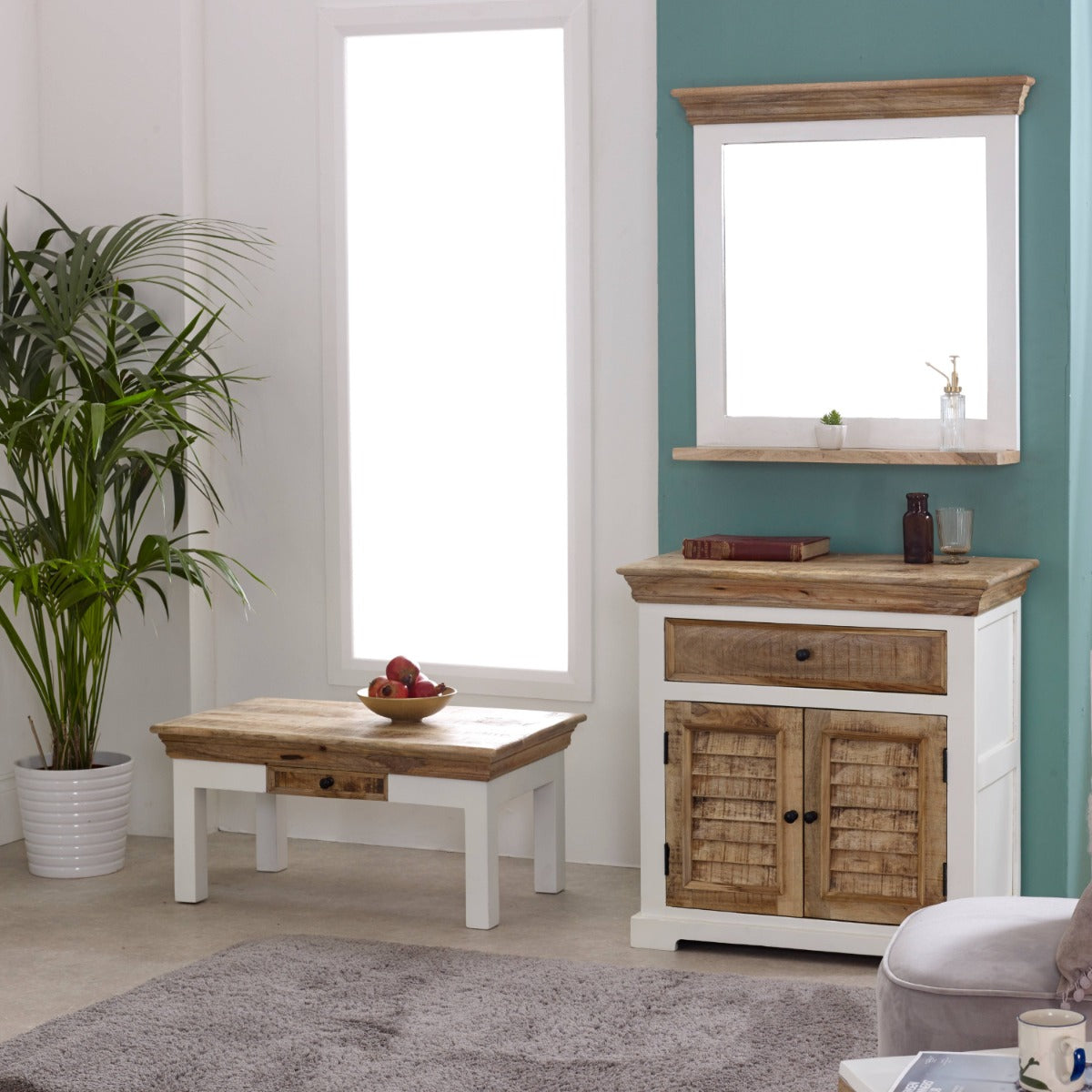 Alfie coffee table in whiteish finish made from solid mango wood