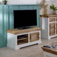 Handcrafted mango wood TV cabinet with open shelves and whiteish finish