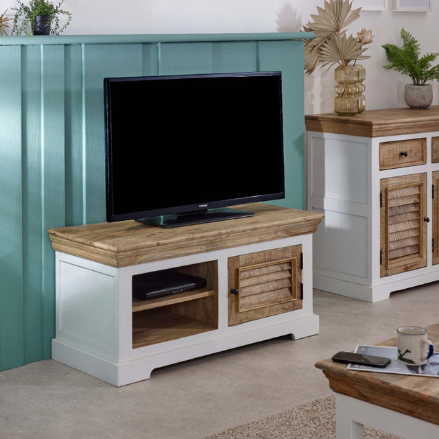 Handcrafted mango wood TV cabinet with open shelves and whiteish finish