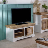 Handcrafted mango wood TV cabinet with open shelves and whiteish finish
