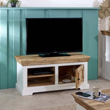 Handcrafted mango wood TV cabinet with open shelves and whiteish finish
