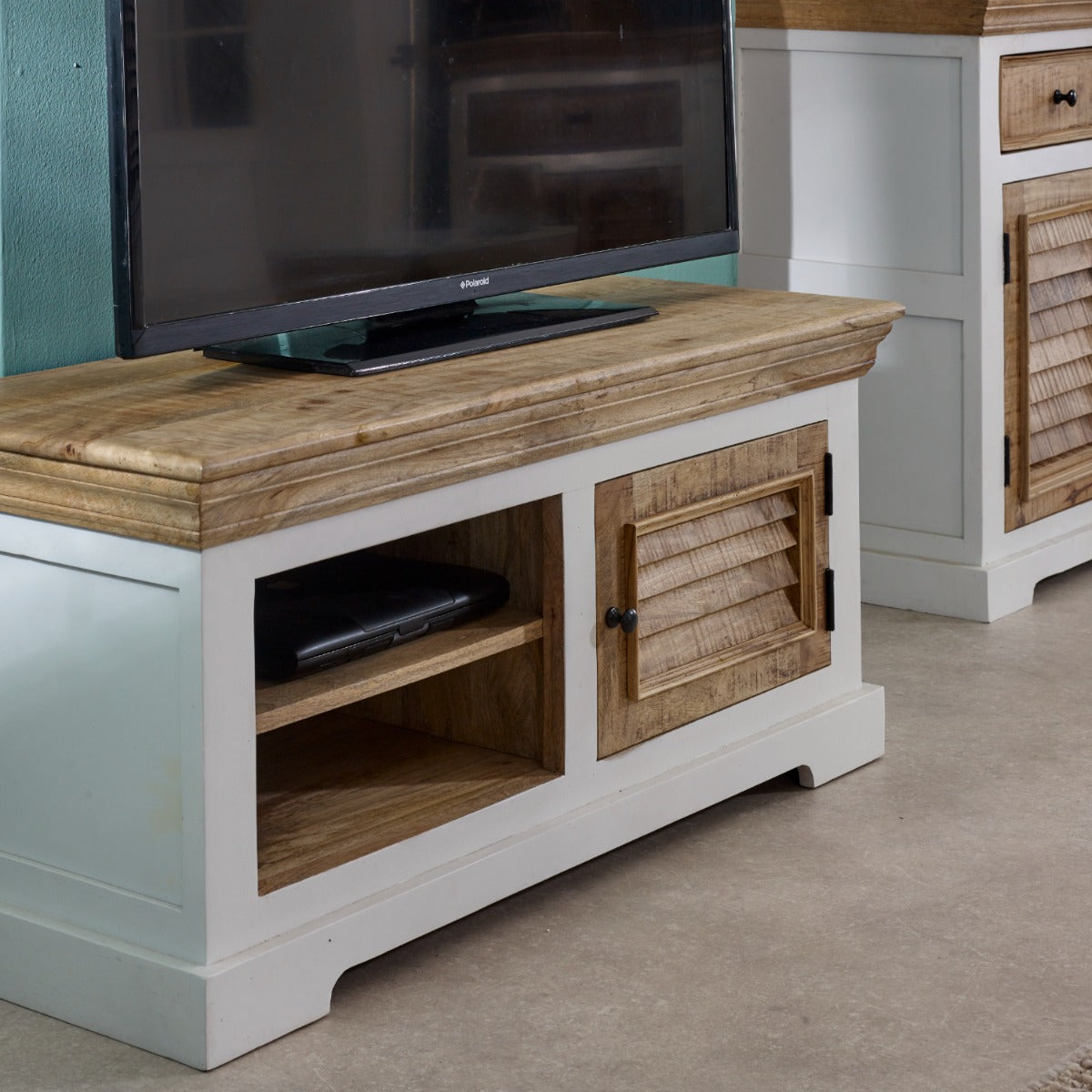 Handcrafted mango wood TV cabinet with open shelves and whiteish finish