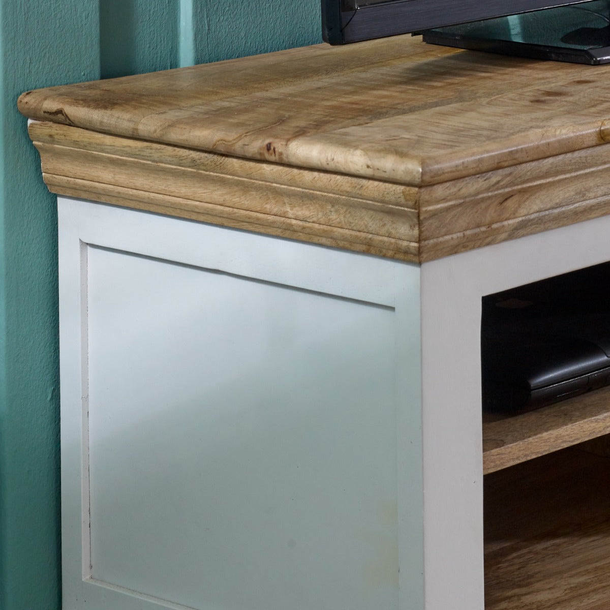 Handcrafted mango wood TV cabinet with open shelves and whiteish finish