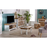 Handcrafted mango wood TV cabinet with open shelves and whiteish finish