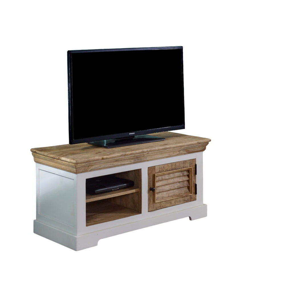 Handcrafted mango wood TV cabinet with open shelves and whiteish finish