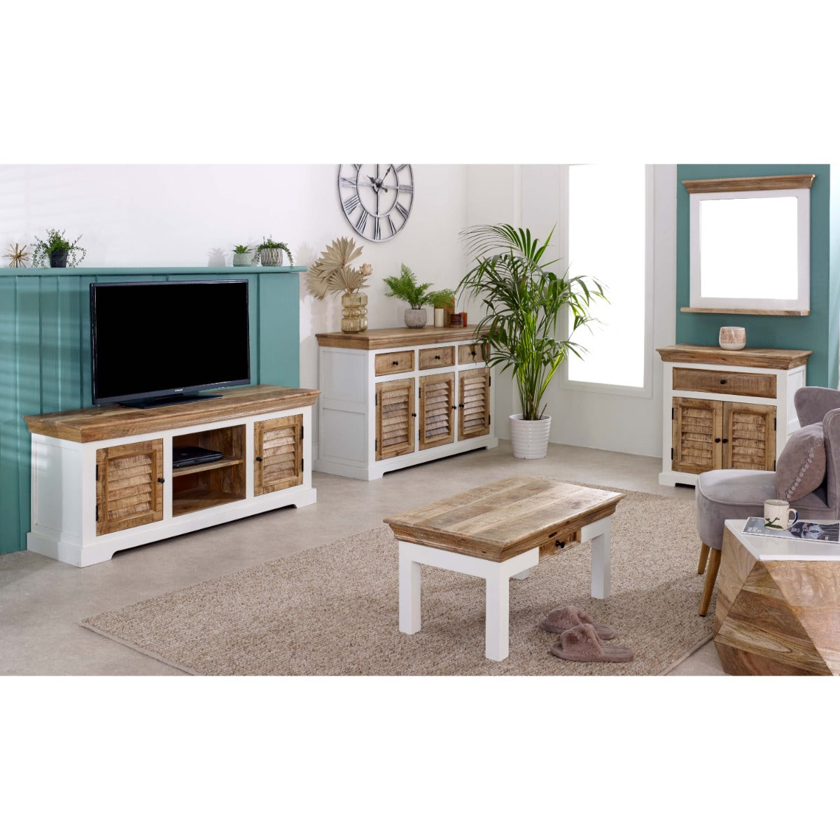 Alfie TV cabinet in solid mango wood with a whiteish finish