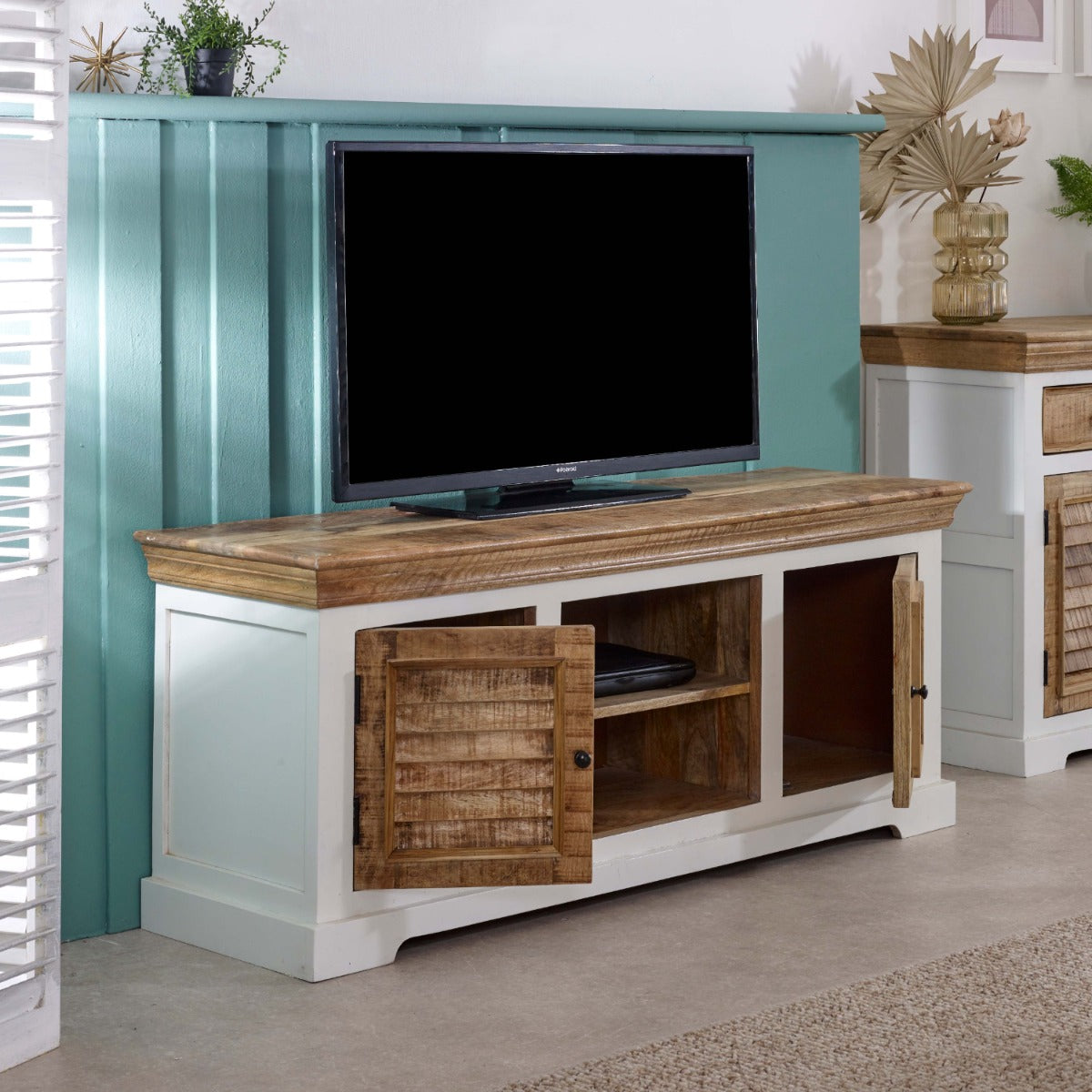 Alfie TV cabinet in solid mango wood with a whiteish finish