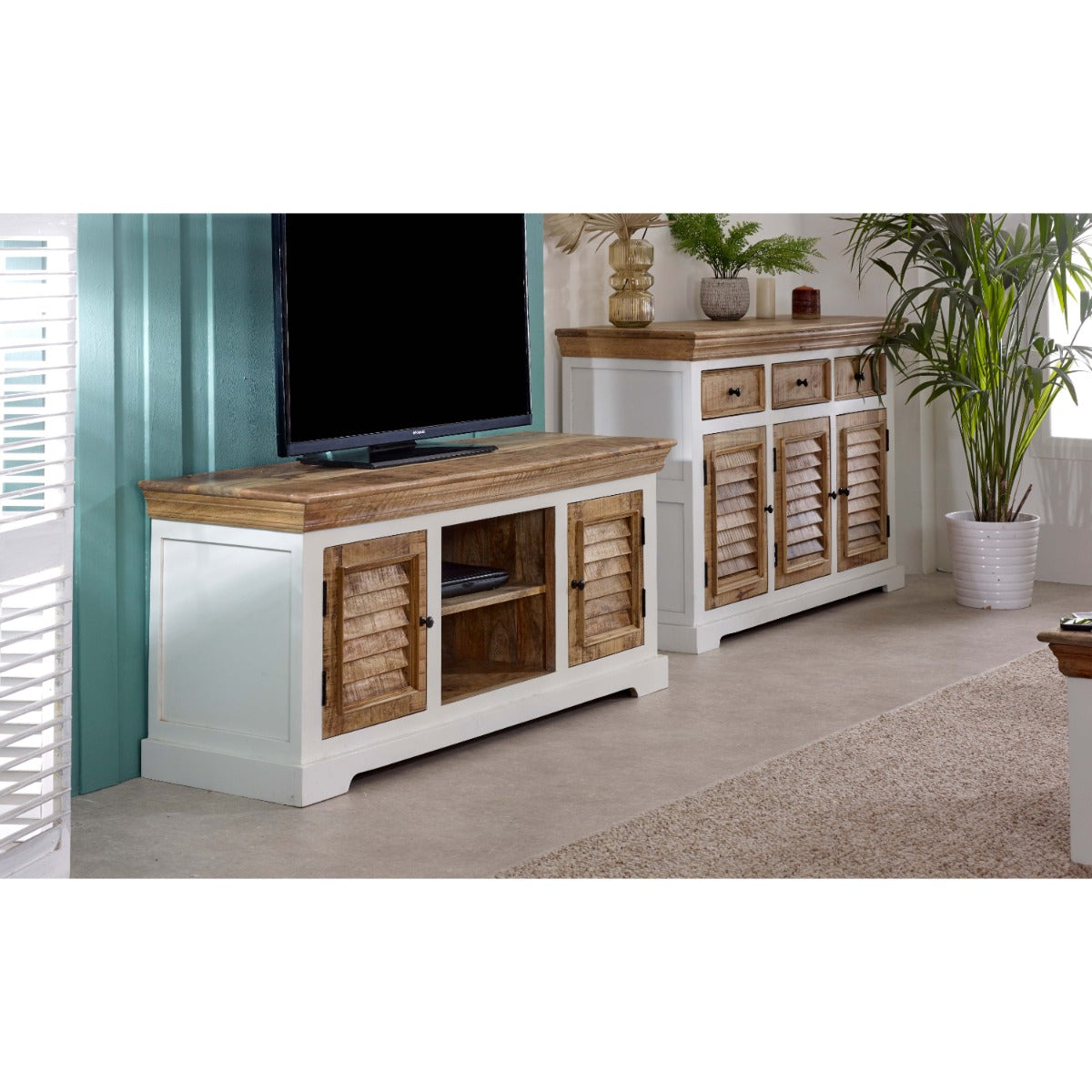 Alfie TV cabinet in solid mango wood with a whiteish finish