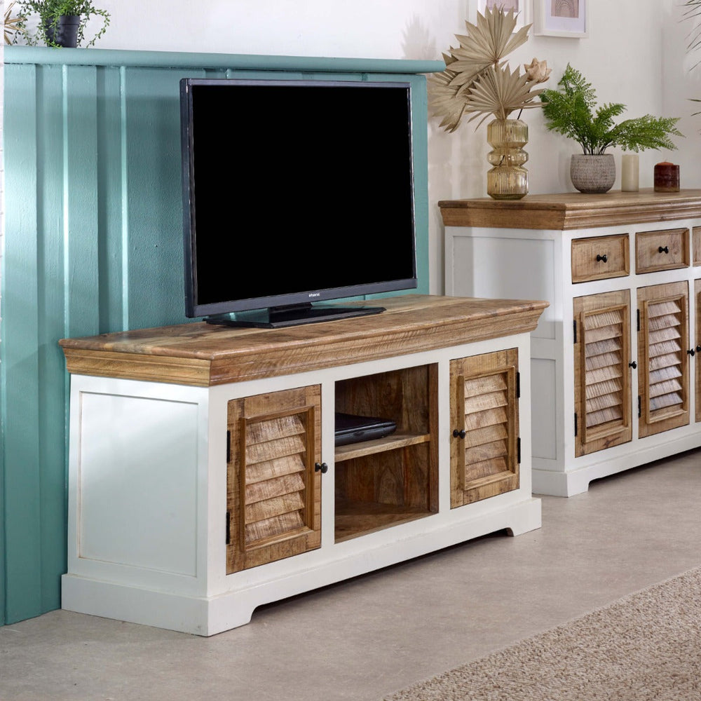 Alfie TV cabinet in solid mango wood with a whiteish finish