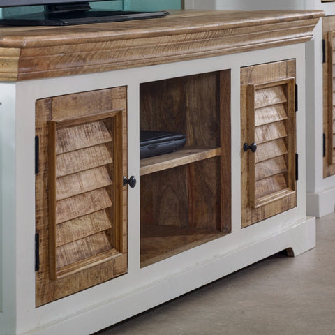 Alfie TV cabinet in solid mango wood with a whiteish finish