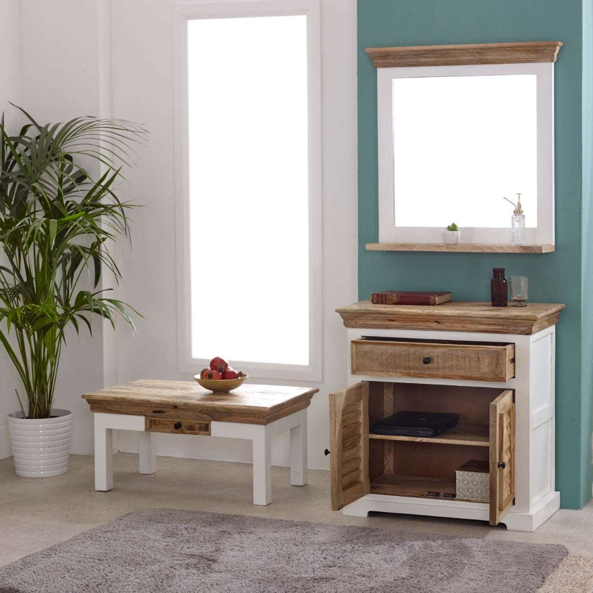 Alfie Wood Sideboard in whiteish mango wood with 1 drawer and 2 doors