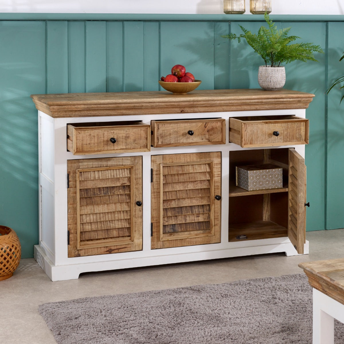 Alfie Wood Sideboard in white finish, made from handcrafted mango wood
