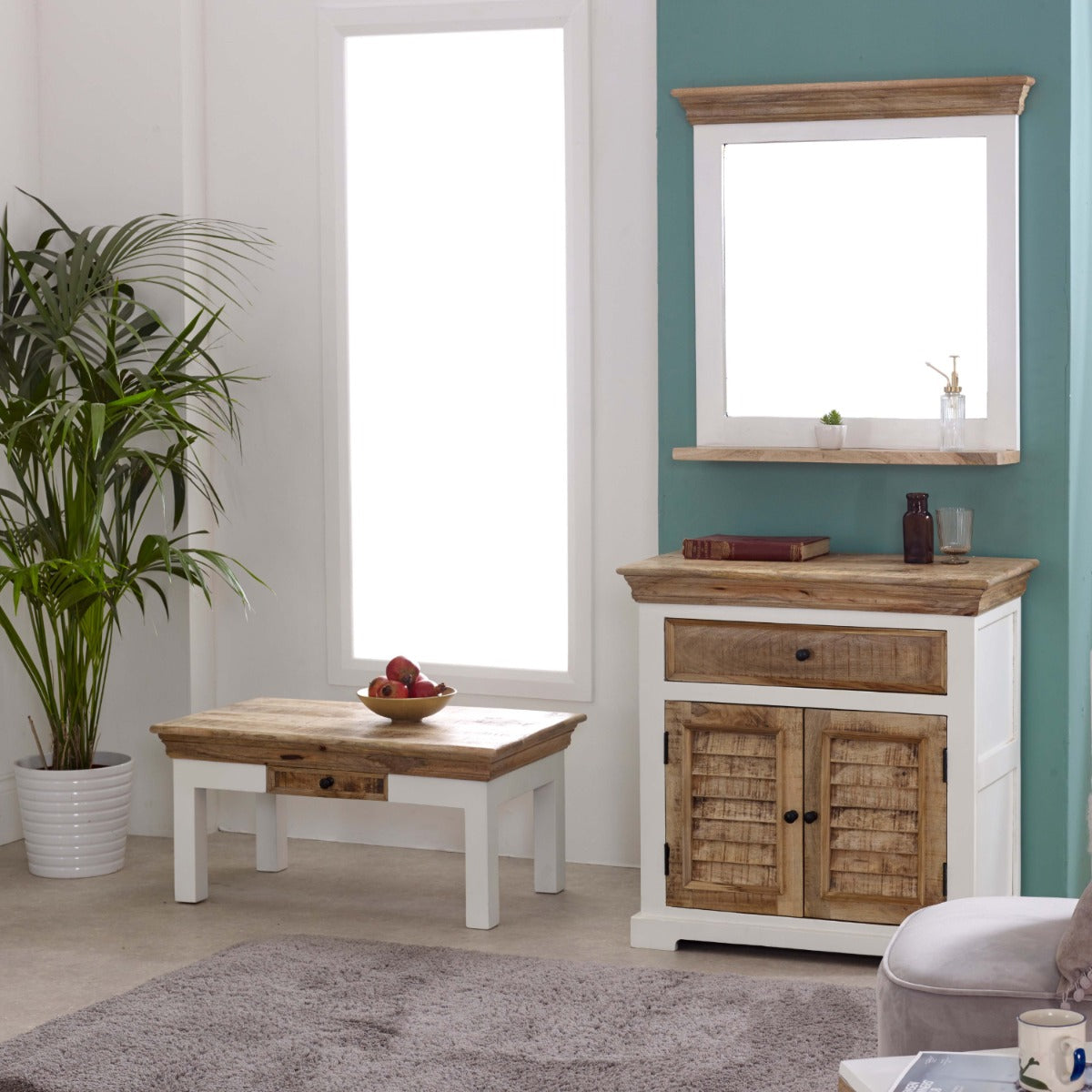 Alfie mirror frame with shelf made of solid mango wood