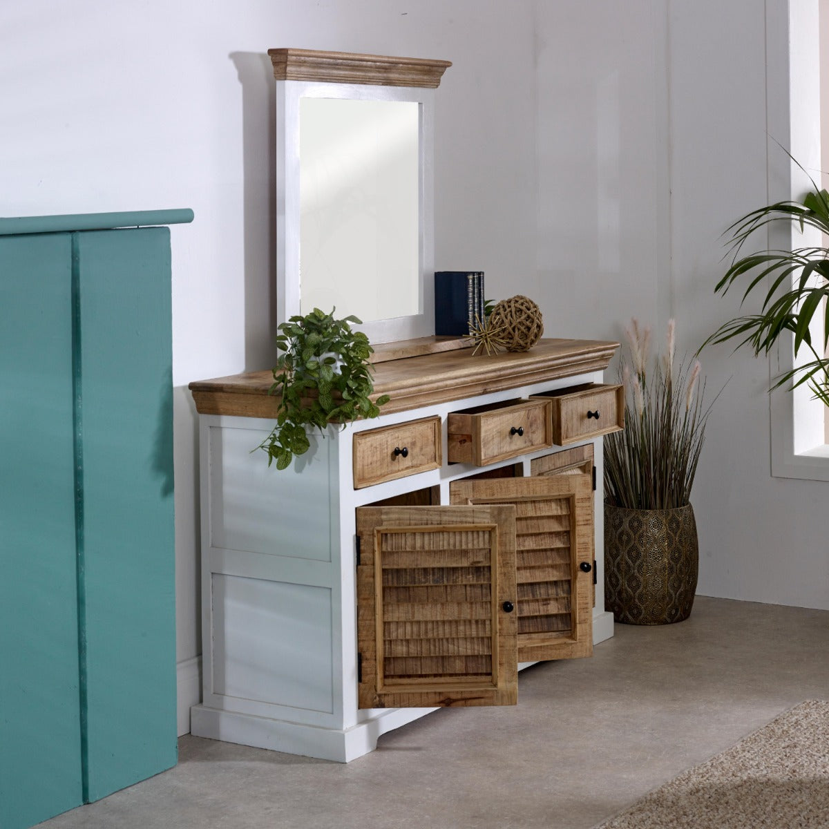 Alfie mirror frame with shelf made of solid mango wood