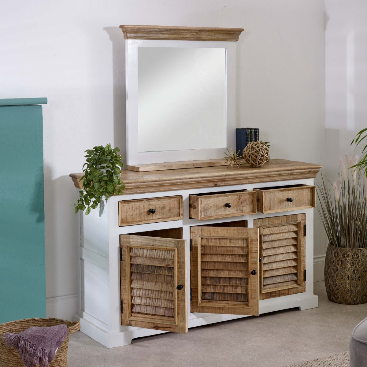 Alfie mirror frame with shelf made of solid mango wood