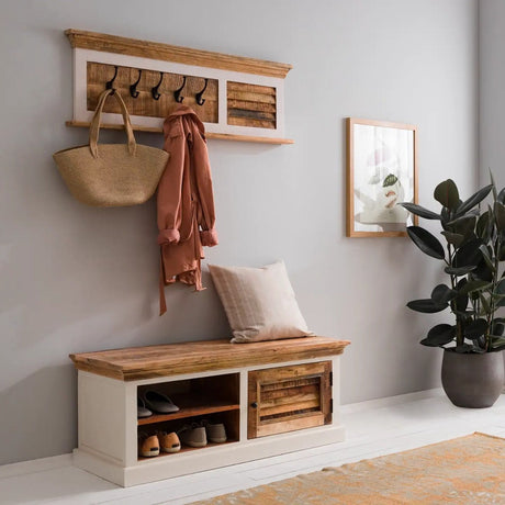Alfie Wood Shoe Rack and Hanger Wall Hook Set in whiteish mango wood