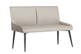 Beige faux leather bench with slim black metal legs, suitable for dining or hallway seating