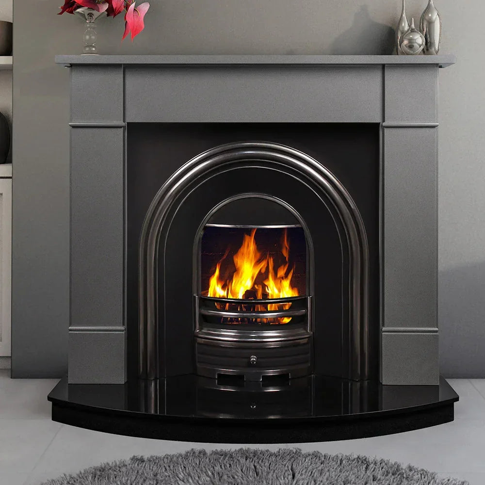 Polished Luna grey fireplace surround with arched insert and real flame fire