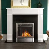 Polished polar white fireplace surround with black insert and modern electric fire